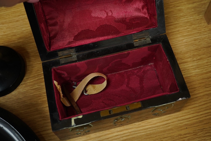 A yew wood domed box, an olivewood scent bottle box, a horn oval box and black circular mirror and two instruments, mirror 30cm diameter. Condition - fair to good